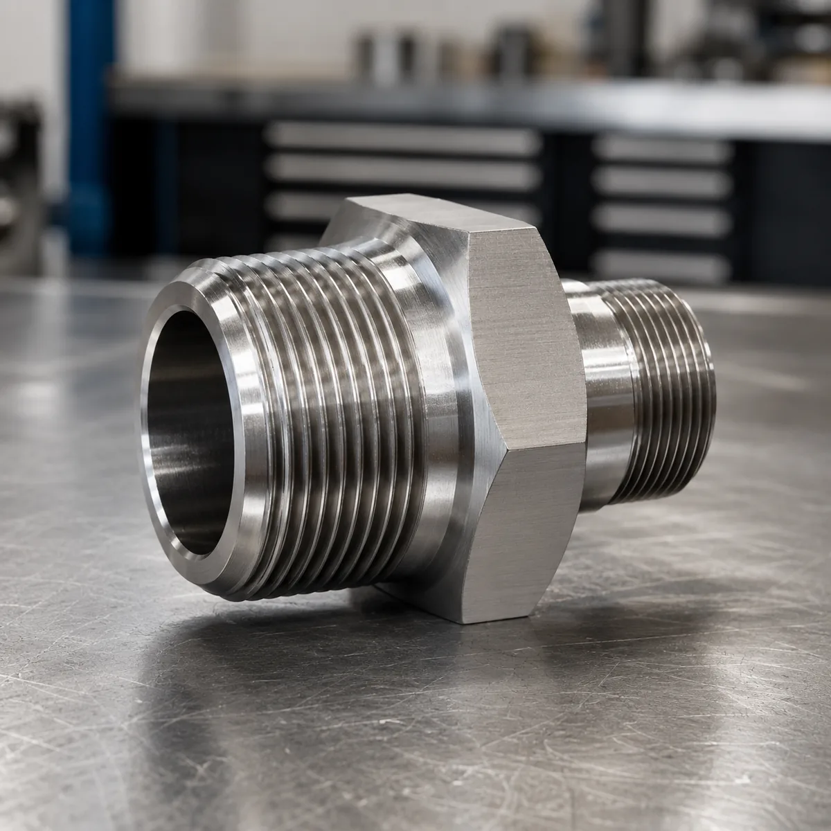Real custom double-male reducing thread adapter machined from 316L stainless bar, with a large external M35×1.5 fine thread one end, external M30×2 the other, and a central wrench hex
