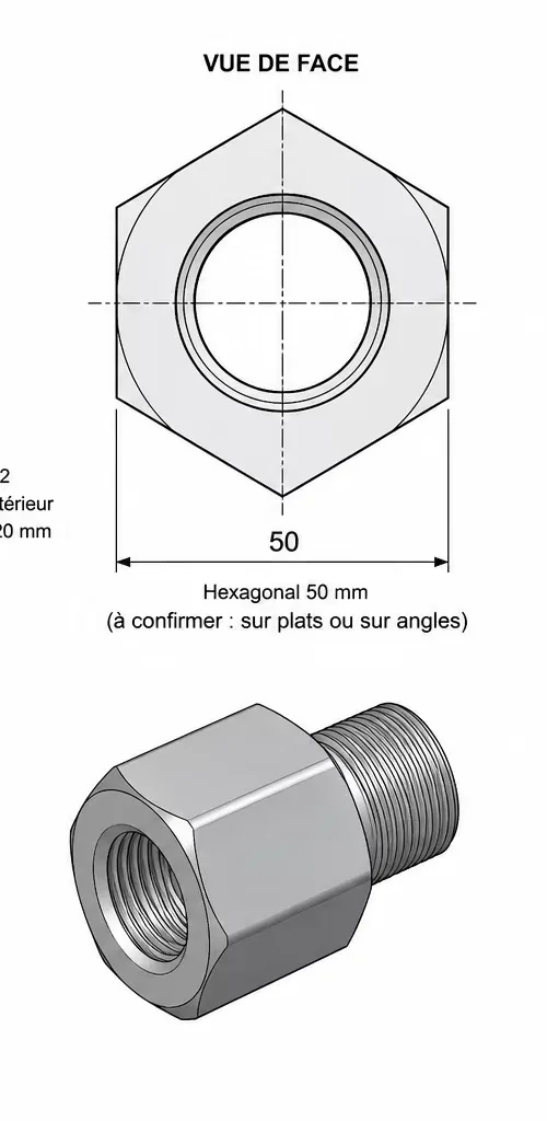 Custom male-female thread adapter M30×3.5 to M24×2 with two different pitches