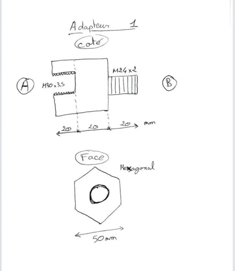 Customer hand drawing of a custom M30 to M24 thread adapter