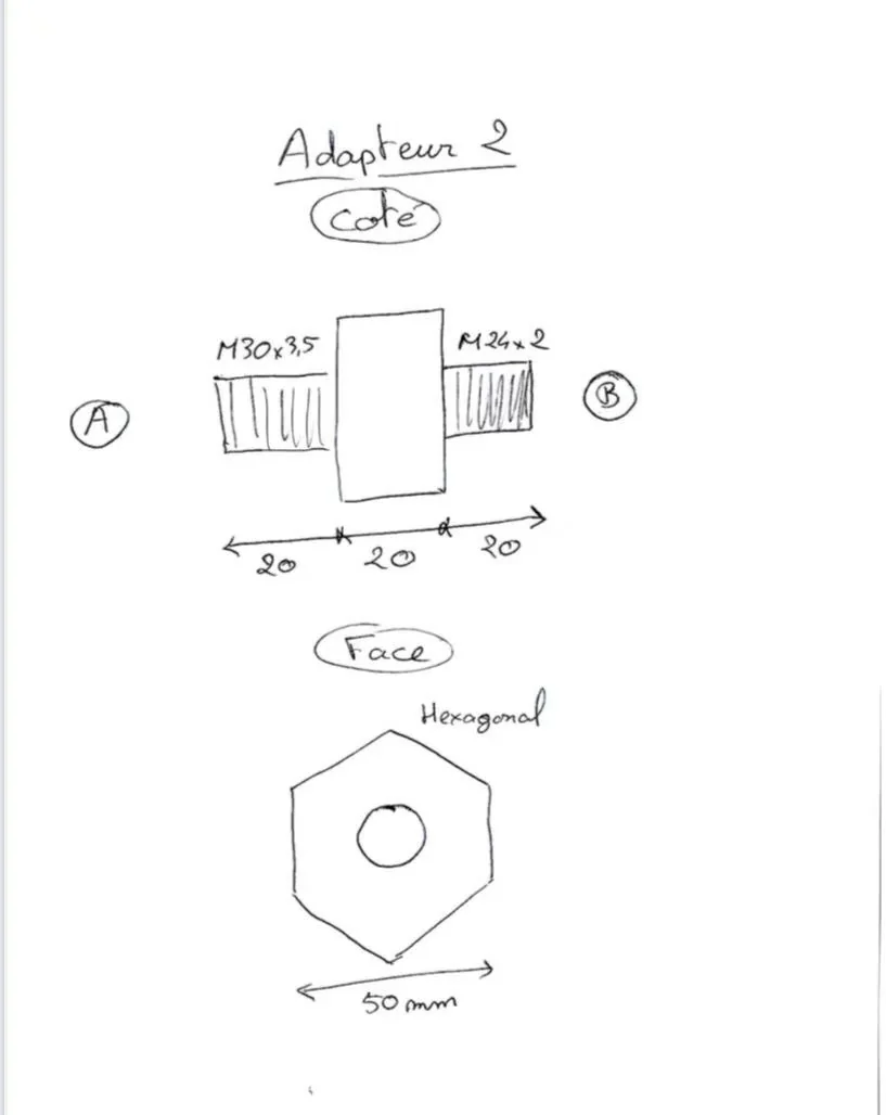 Customer hand drawing of the double-male thread adapter variant: M30×3.5 external one side, M24×2 external the other, 50 mm hex