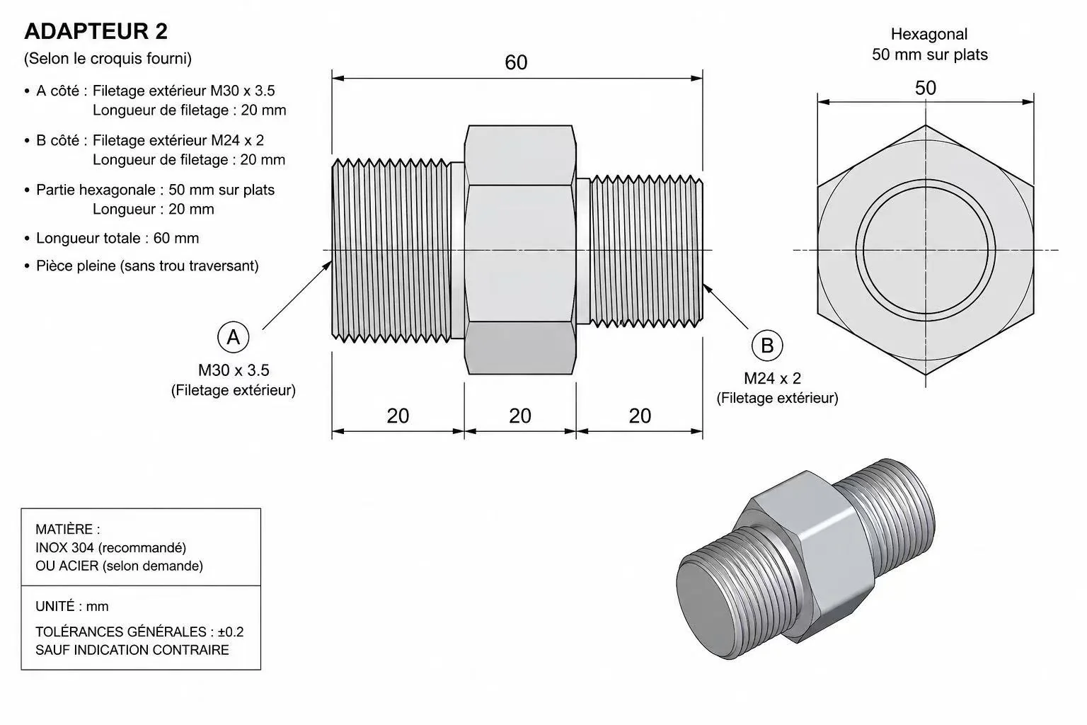 Production drawing of a custom double-male M30 to M24 stud thread adapter