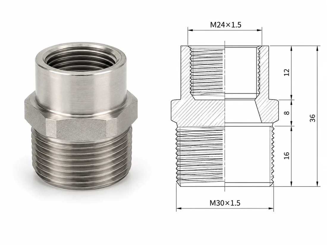 Adaptateur fileté sur mesure — M30×1,5 mâle vers M24×1,5 femelle, acier inoxydable, corps six pans 36 mm — plan de fabrication EKINSUN