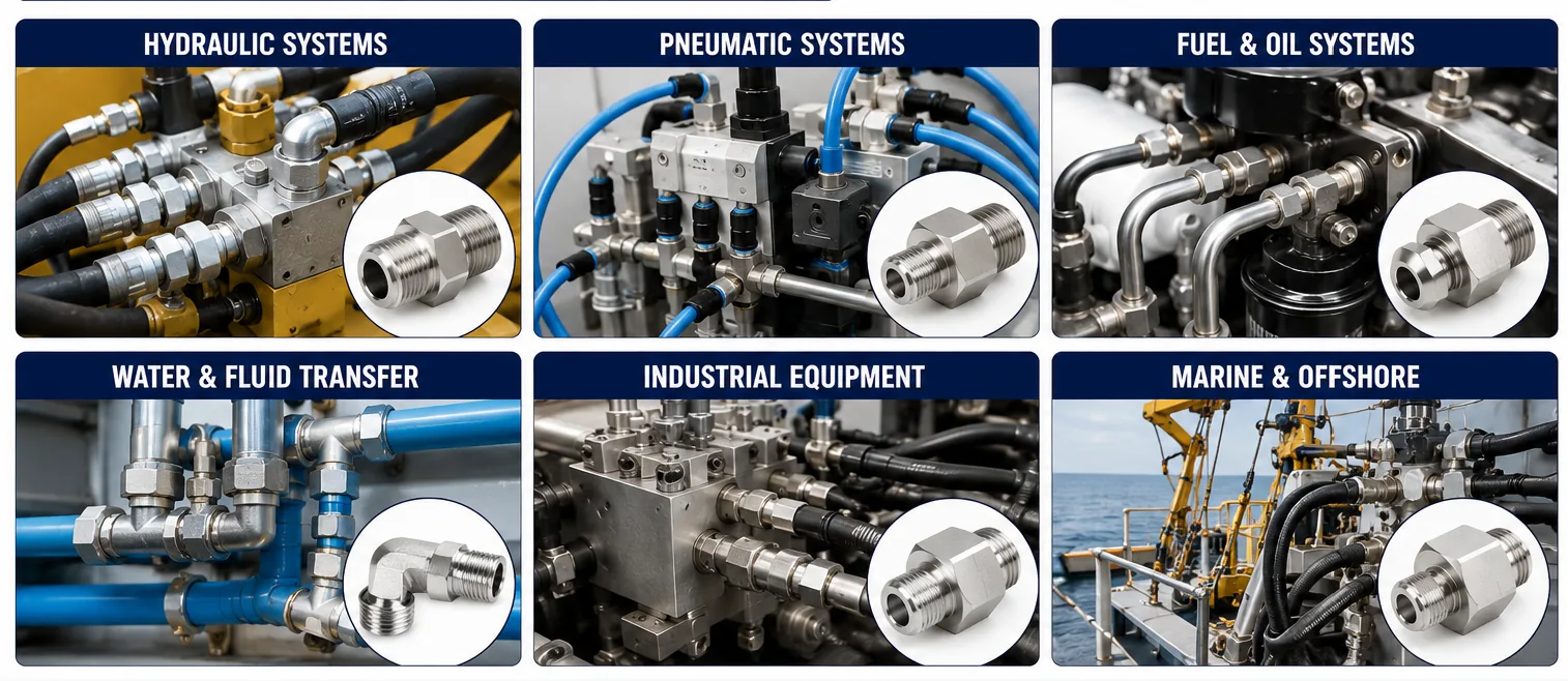 Six application photos of custom machined fittings installed in hydraulic, pneumatic, fuel and oil, water transfer, industrial equipment and marine systems