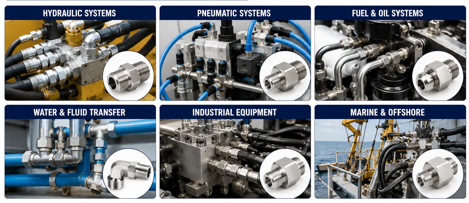 Applications for EKINSUN custom thread adapters and hydraulic fittings — hydraulic systems, pneumatic systems, fuel & oil systems, water & fluid transfer, industrial equipment, and marine & offshore — in BSP, NPT, metric, UNF and JIC threads, stainless steel, brass and aluminium, low MOQ from one piece