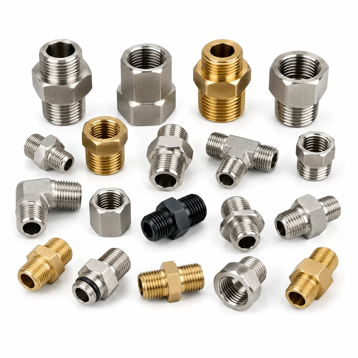 CNC machined fittings and thread adapters in stainless steel, brass and black-coated steel — hex bodies, reducers, elbows and couplings