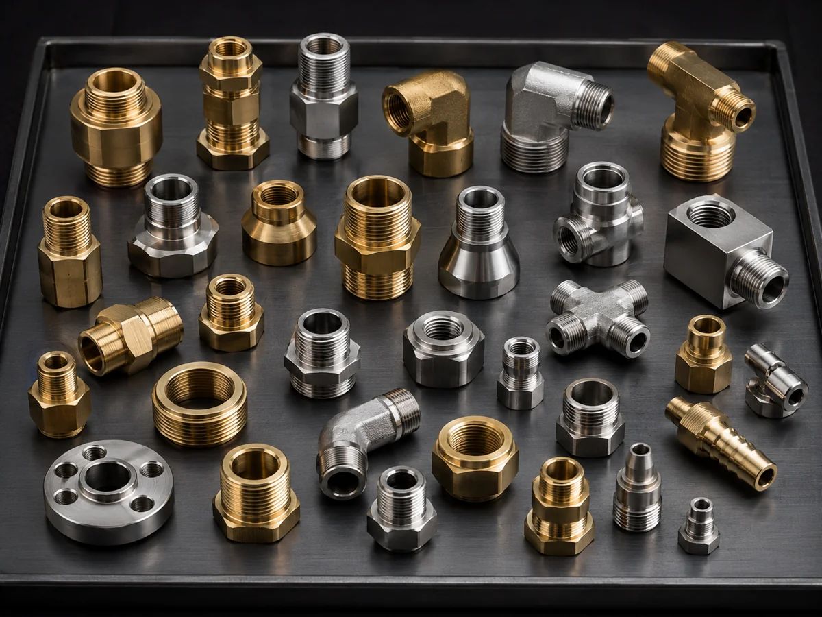 Custom machined automotive fuel line and fuel rail thread adapters in aluminium and stainless by EKINSUN