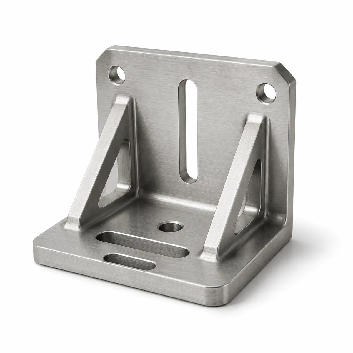 Custom gusseted angle bracket machined from solid with vertical adjustment slot