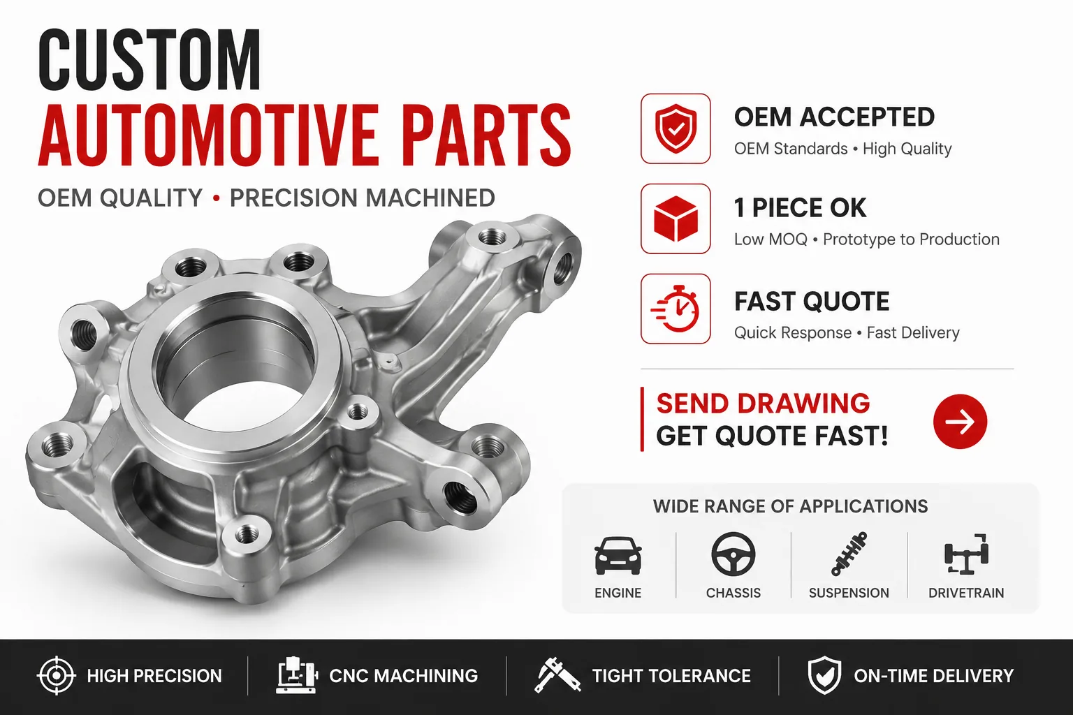 Custom automotive replacement and reverse-engineered parts precision machined by EKINSUN — brackets, hubs and adapters