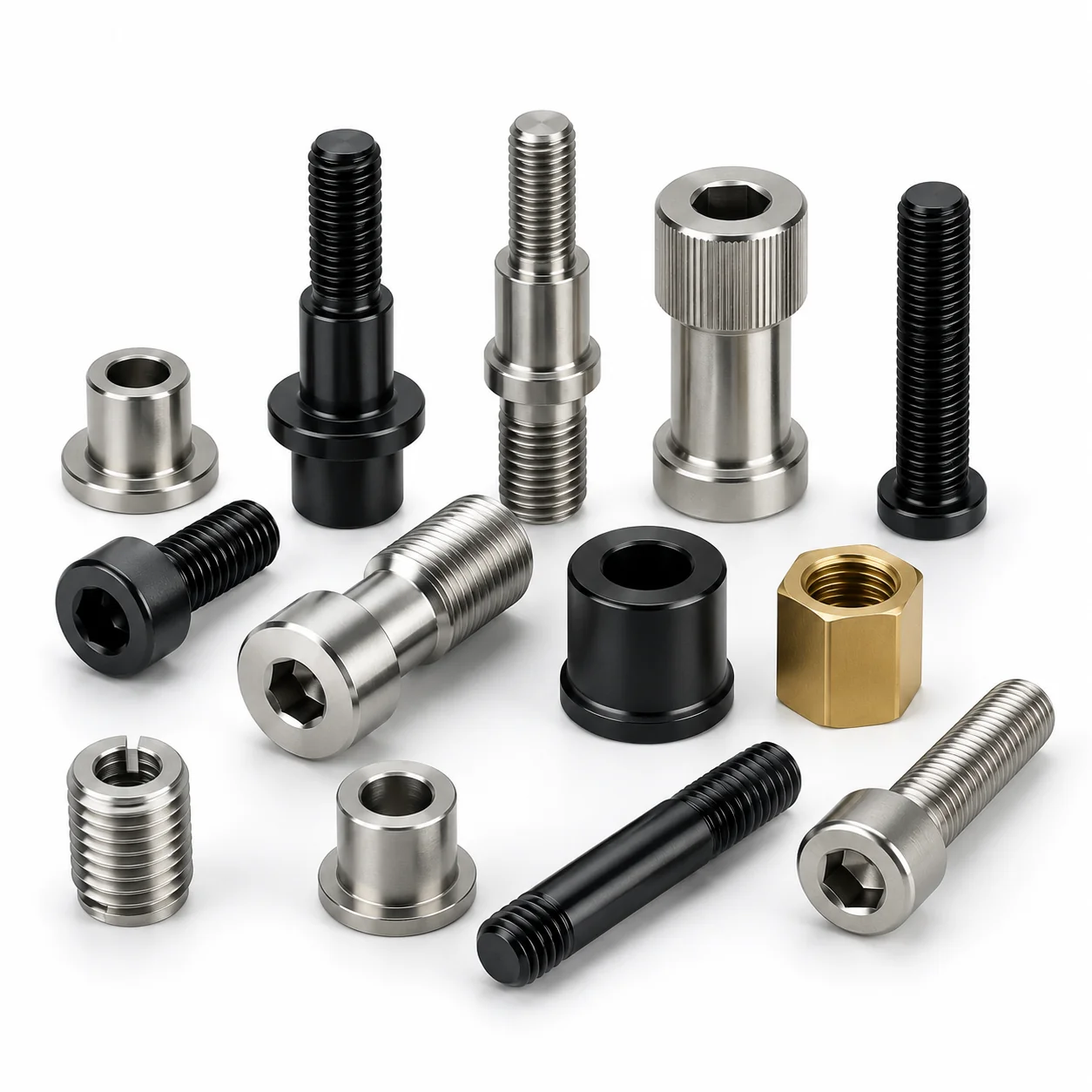 Custom bolts and shoulder screws assortment — stainless steel, titanium and alloy steel, machined to spec by EKINSUN