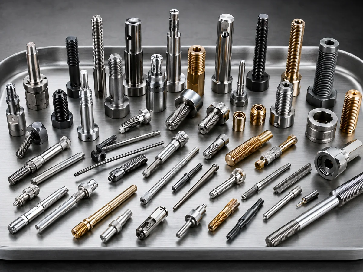 Assortment of custom CNC machined fasteners including set screws and grub screws in stainless steel, brass and alloy steel by EKINSUN