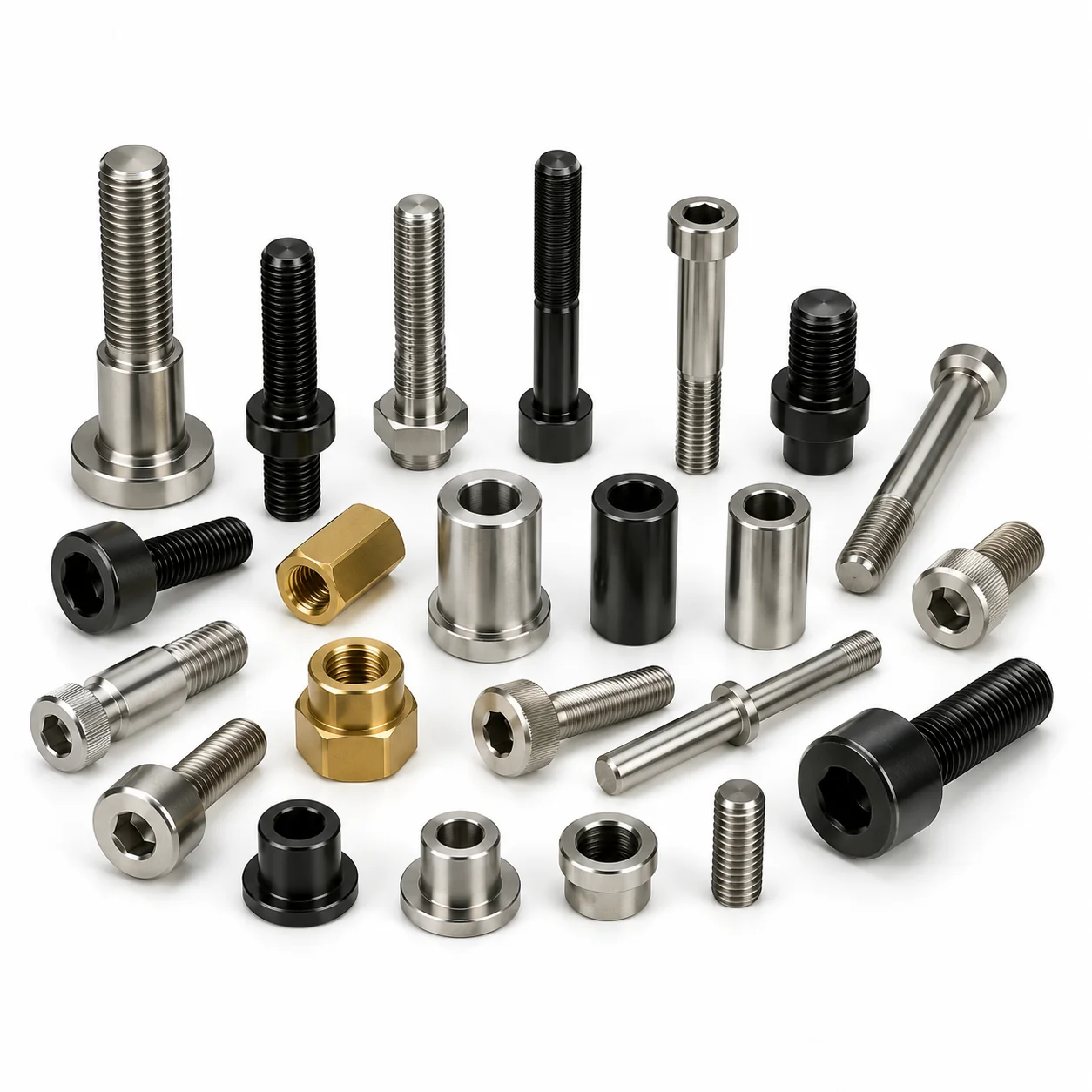 Full assortment of CNC machined parts across materials — aluminium stainless steel brass and titanium by EKINSUN