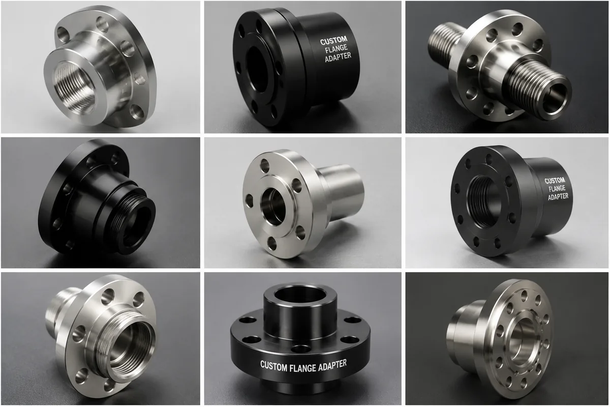 Assortment of custom flange adapters — bolt-pattern flanges with threaded bores, male threaded bosses and register spigots in stainless steel and black-finished steel