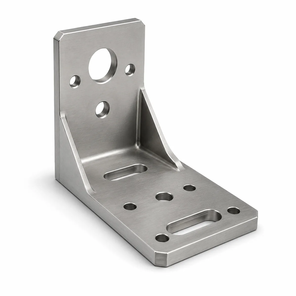 Heavy-duty custom angle bracket machined from thick section with center gusset and slotted holes