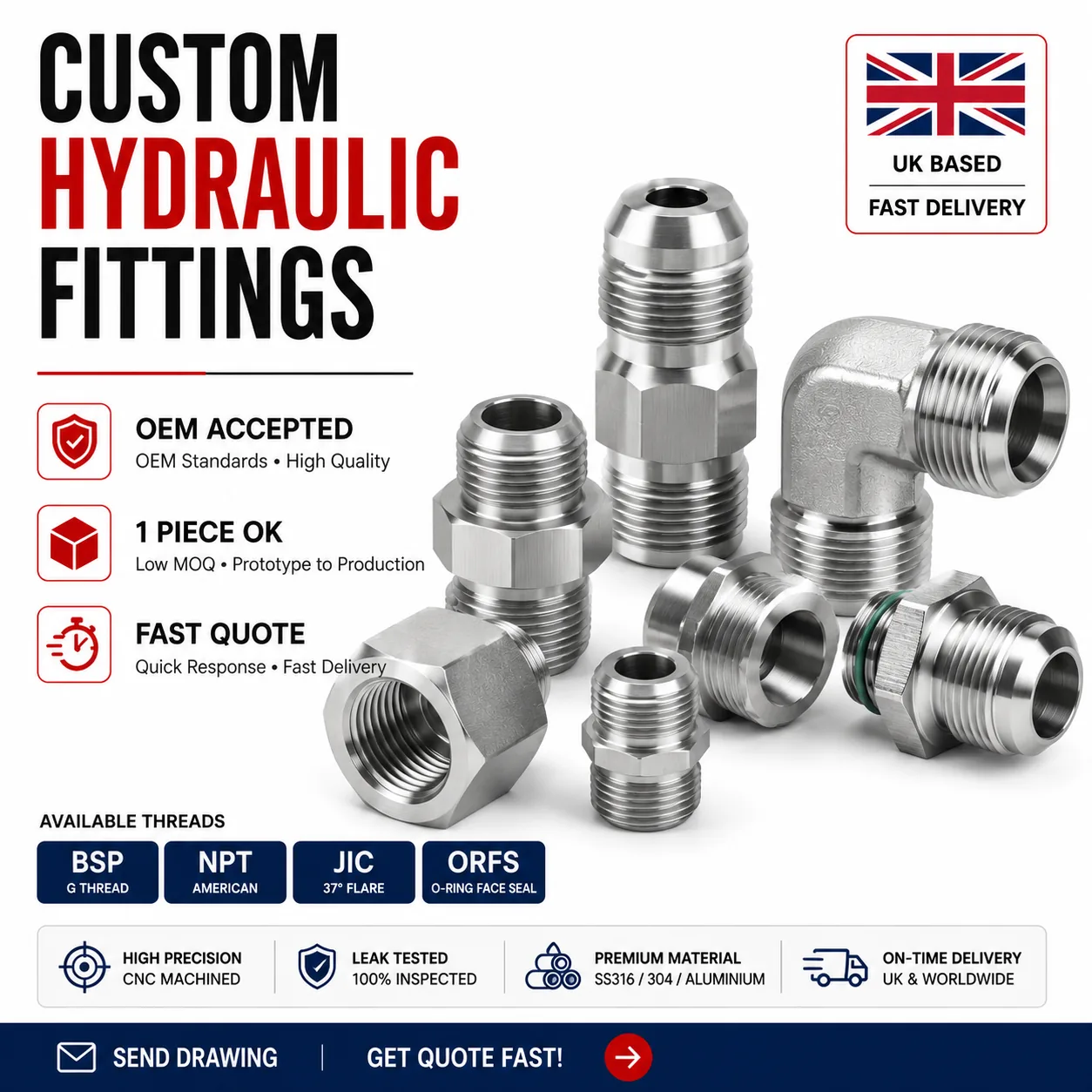 Custom hydraulic adapters — JIC, ORFS and SAE fittings machined in steel and stainless
