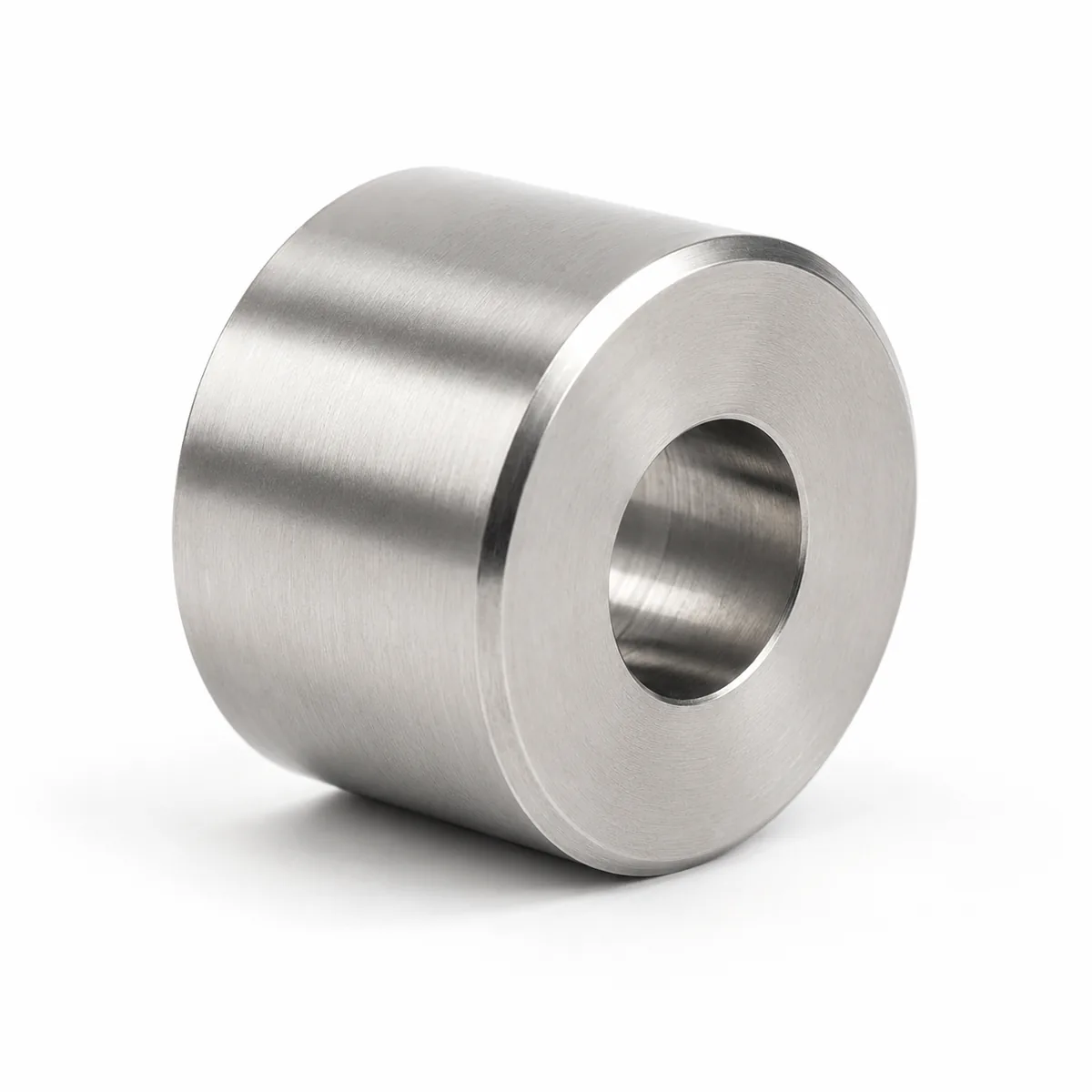 Custom round metal spacer machined in stainless steel with plain through bore and parallel faces