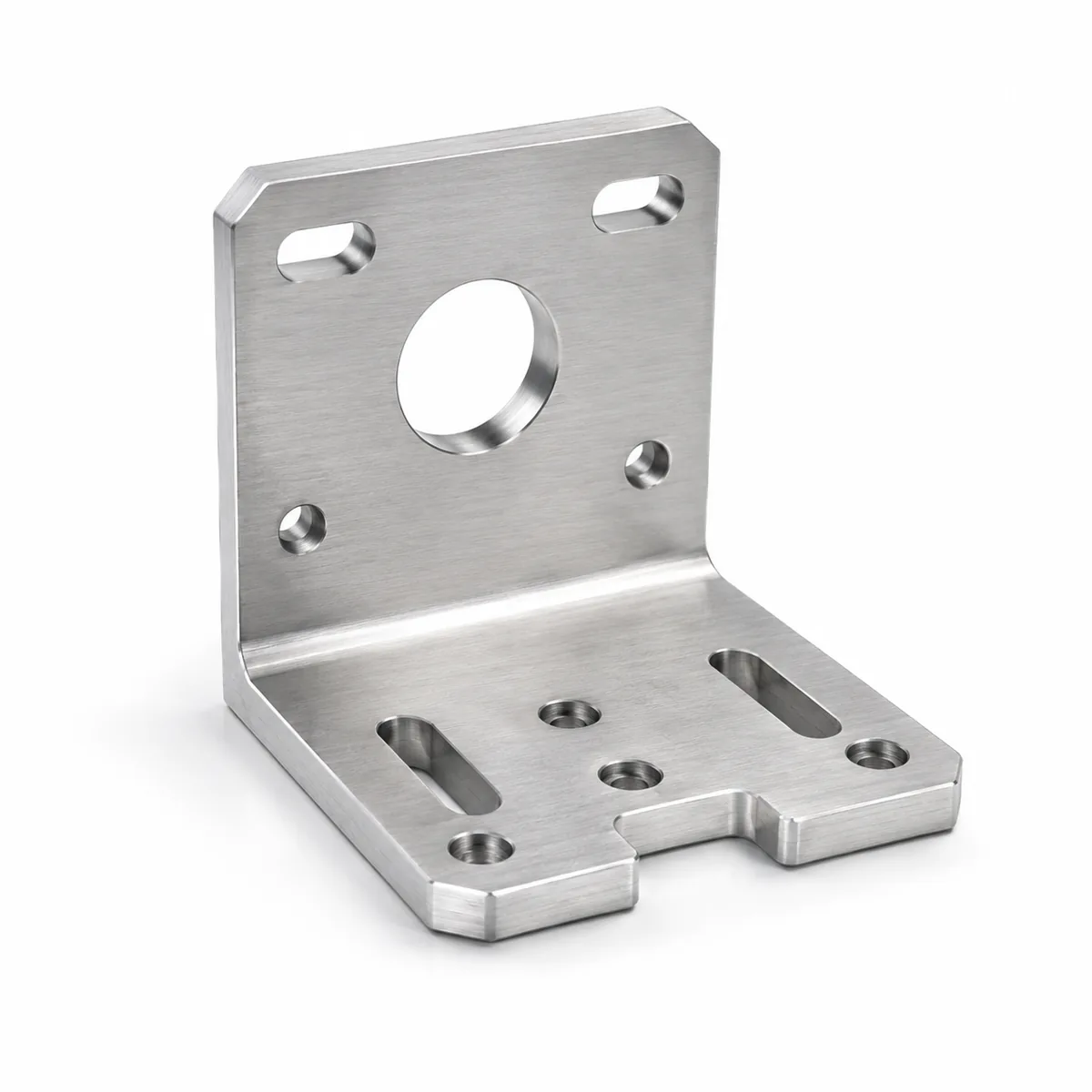 Custom L-shaped motor mount bracket machined from solid with pilot bore, slots and counterbored holes