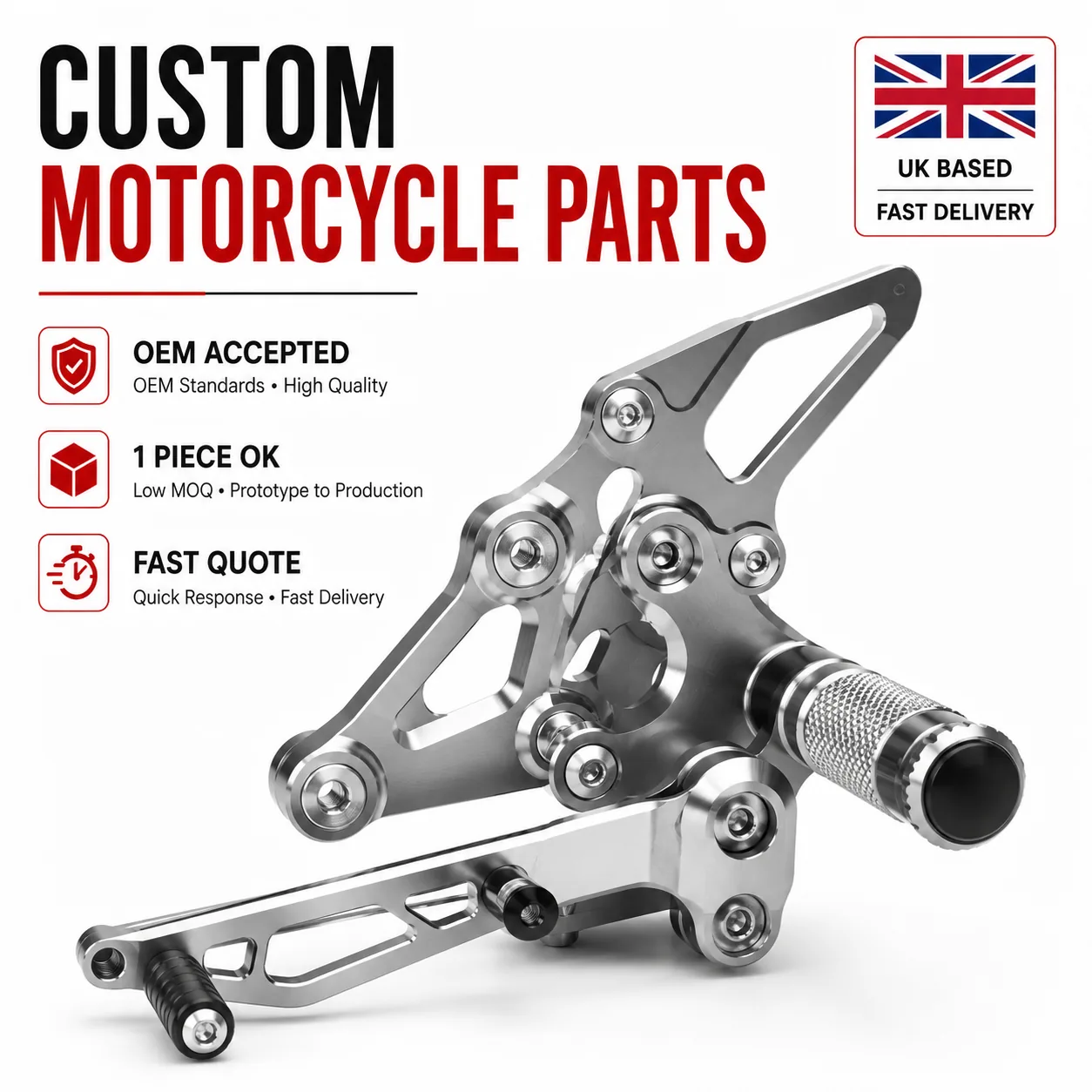 Custom billet CNC machined motorcycle rearset parts by EKINSUN — anodized aluminium