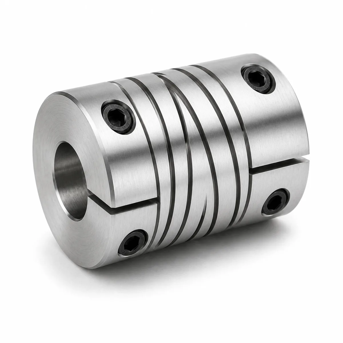 Custom beam-style shaft coupler with helical cuts and clamp screws, machined in stainless steel