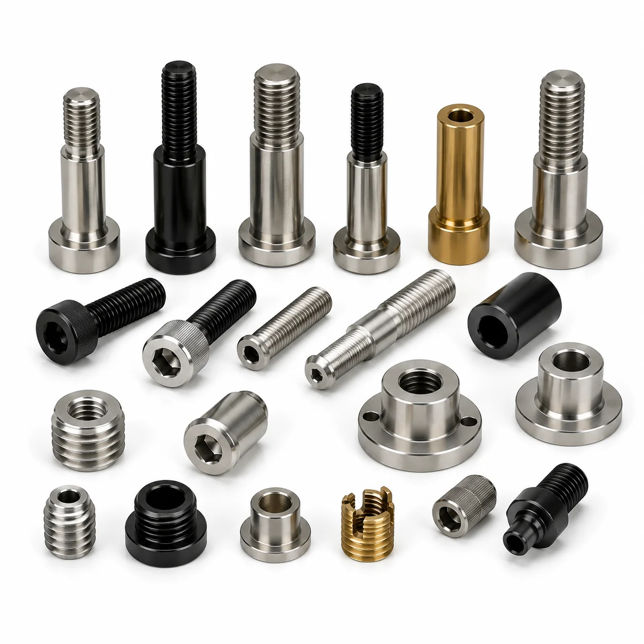 Custom shoulder bolts and flanged nuts in titanium gold and black oxide — machined to specification by EKINSUN