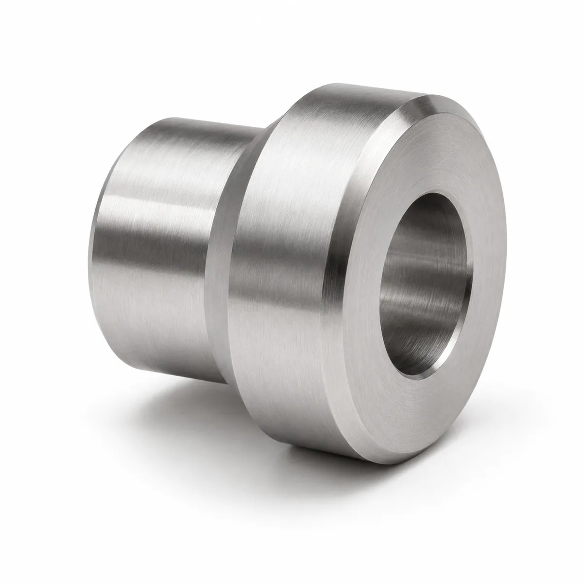 Custom stepped shoulder spacer machined in stainless steel, two diameters locating on one face