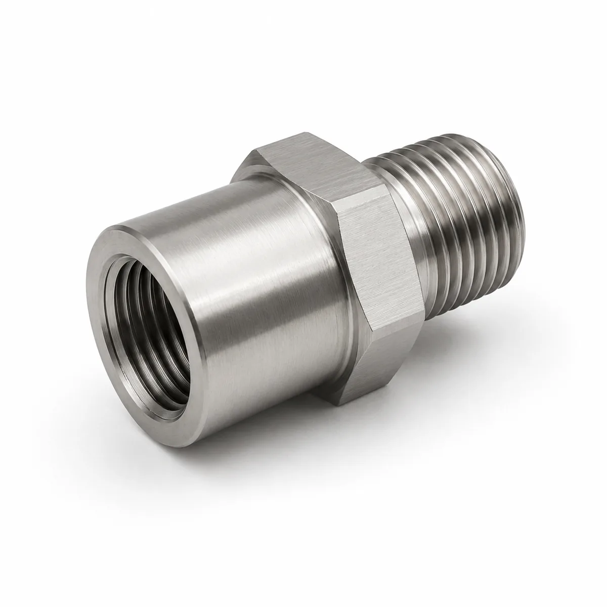 Custom long-body extension thread adapter machined in stainless steel, female to tapered male end