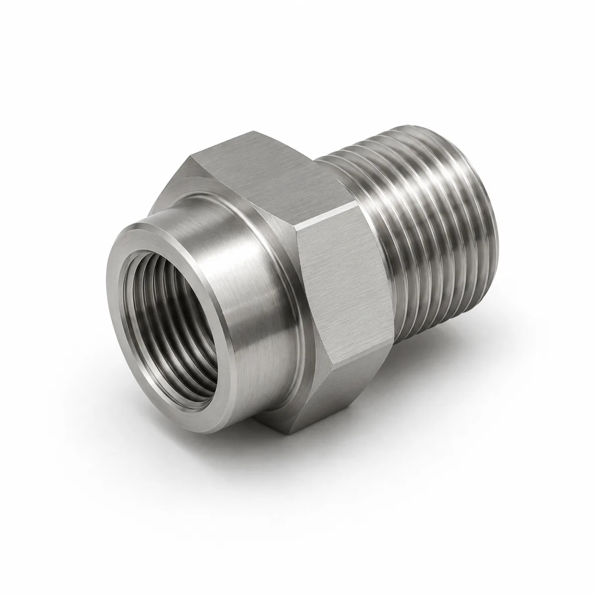 Custom female-to-male step-up thread adapter machined in stainless steel joining two different thread sizes
