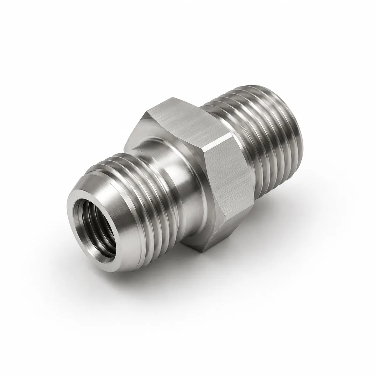 Custom male-to-male thread adapter in stainless steel with a different thread on each end and centre hex