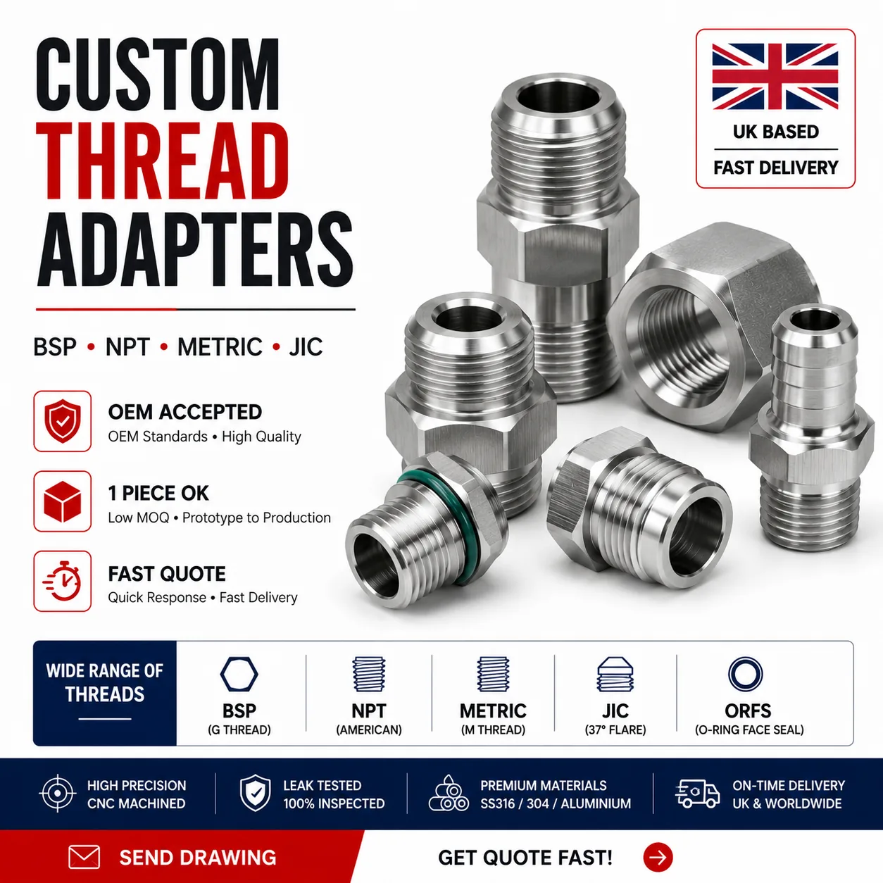 Assortment of custom thread adapters BSP NPT metric JIC ORFS by EKINSUN