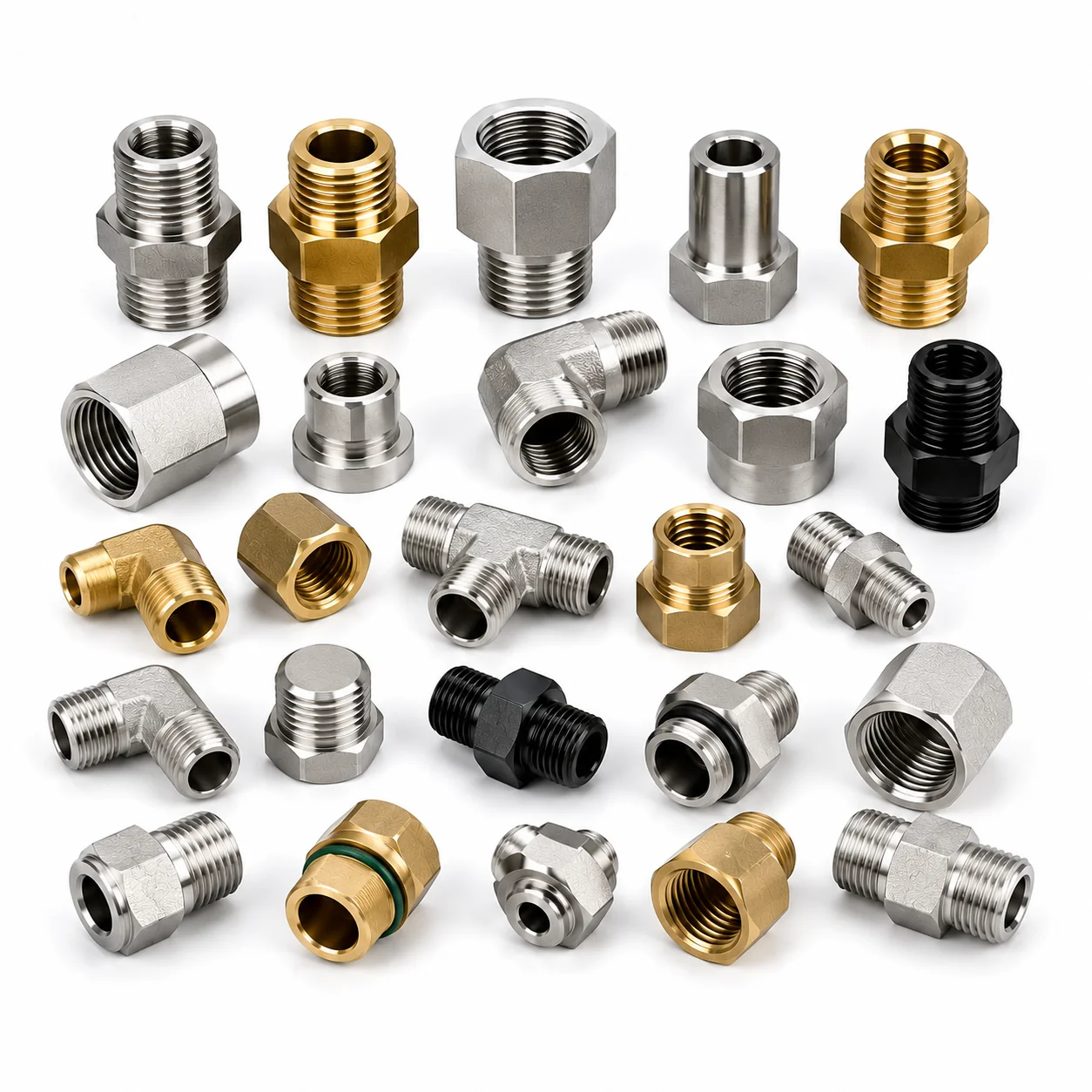 Small batch of precision-machined stainless steel sensor fittings on an inspection tray by EKINSUN