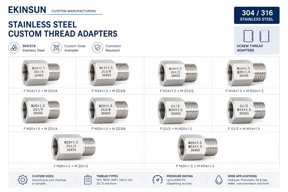 Matrix of ten stainless steel gauge thread adapter combinations: M14x1.5 and M20x1.5 female to ZG1/4, ZG3/8, ZG1/2, G1/2, M20x1.5 and M14x1.5 male