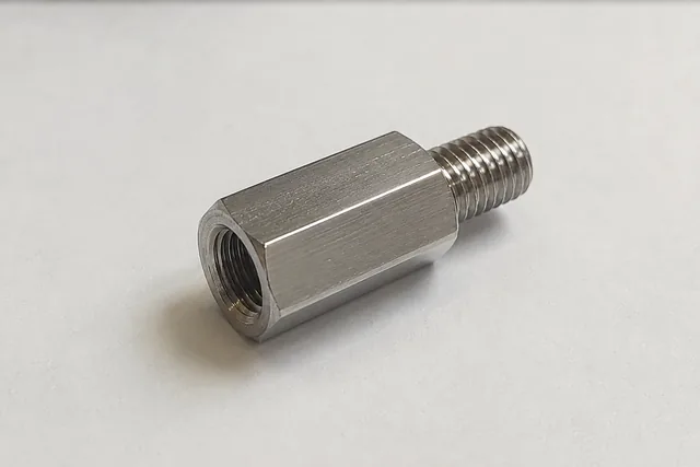Hex adapter — female port to male stud, turned from solid stainless — EKINSUN