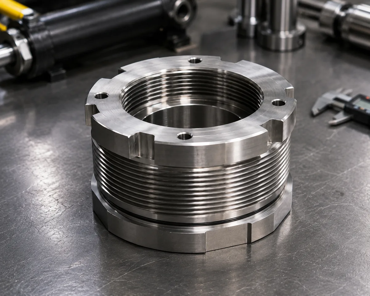 Custom machined hydraulic cylinder gland nut with castellated spanner slots, large fine external thread and O-ring, hydraulic cylinders in the background