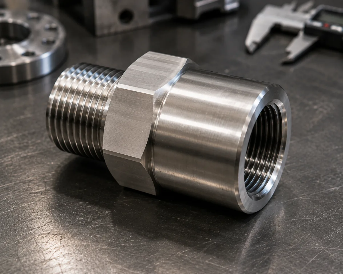 Large stainless thread adapter with male NPT taper thread and deep female metric thread in a hex body