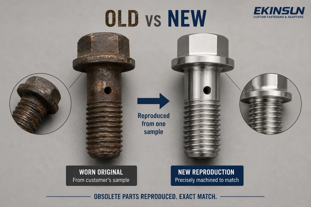 Obsolete fastener reproduction by EKINSUN — worn original next to new machined replacement