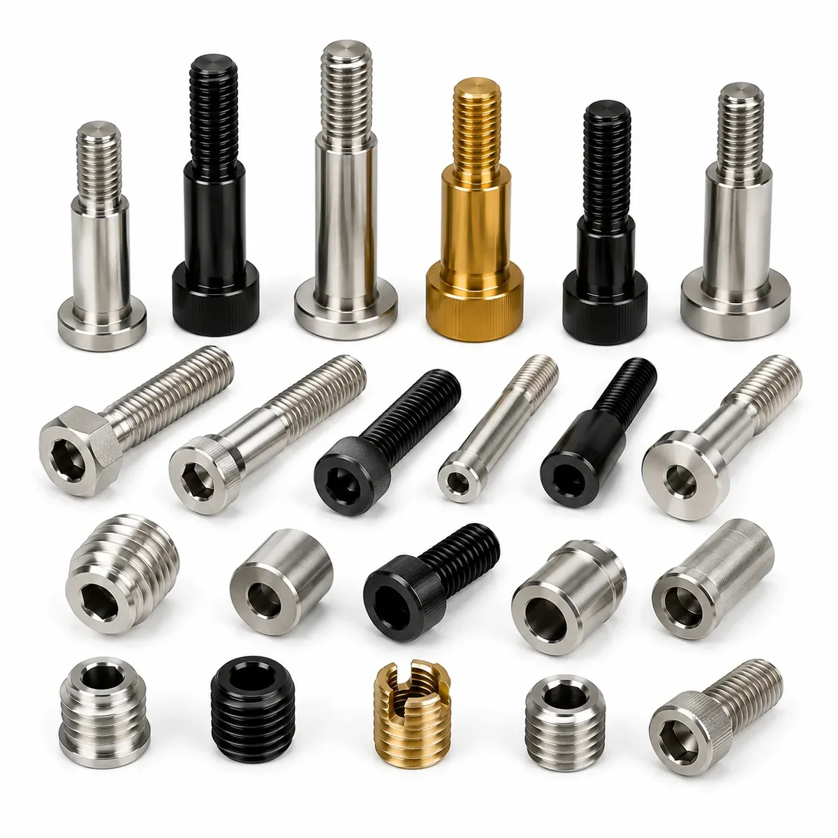 Sortiment CNC-gefertigter Bolzen mit Gewindezapfen, Schulterbolzen und Gewindestifte in Stahl brüniert, Edelstahl und Titan
