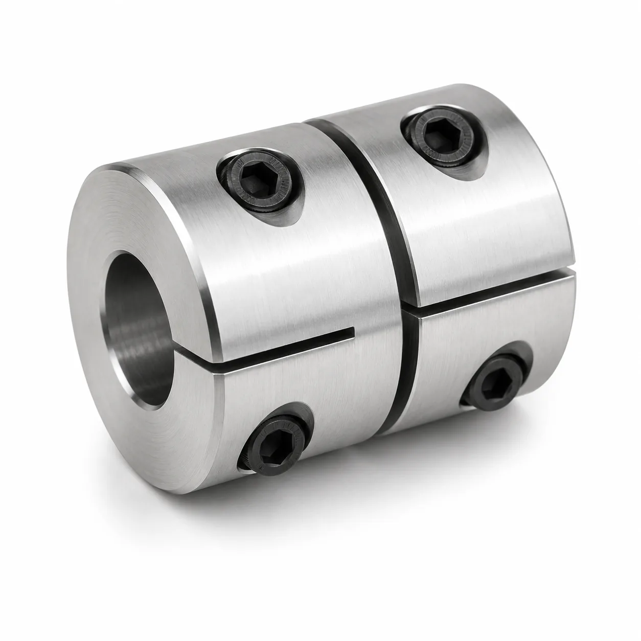Two-piece stainless steel clamp-style rigid shaft coupler with black socket head cap screws, machined by EKINSUN