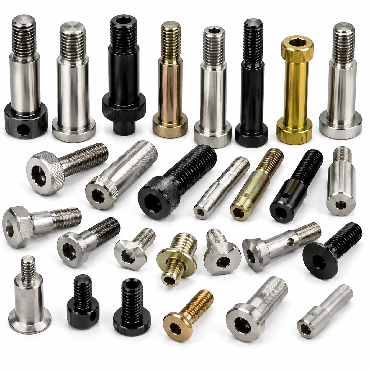 Custom shoulder bolts and stepped bolts in special lengths and multiple materials — titanium, stainless steel, brass and black oxide alloy steel — machined by EKINSUN