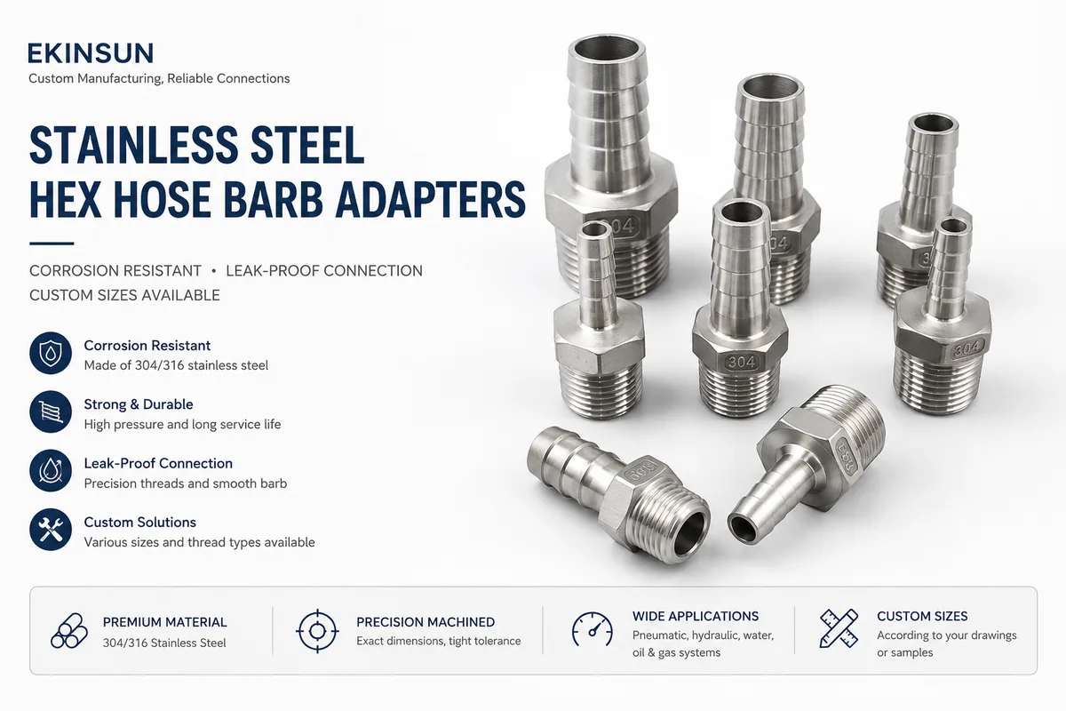 Lineup of machined stainless steel hex hose barb adapters in several sizes with male taper threads and multi-ring barbed hose tails, 304 marked on the hex