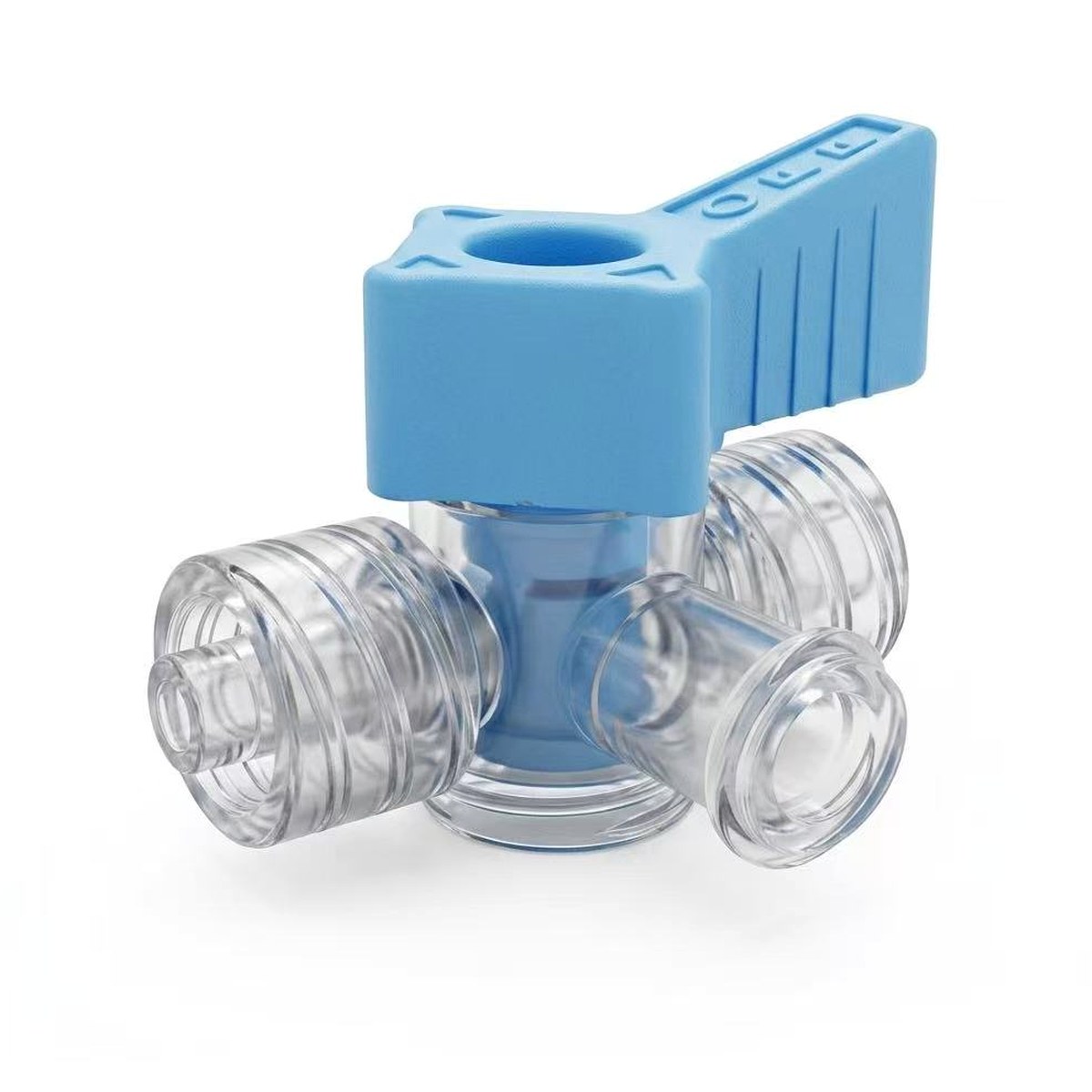 3-way stopcock with blue handle — Luer lock connection — custom medical injection molding